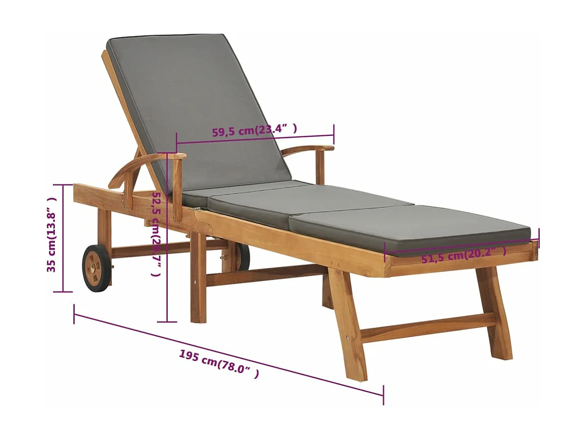 Sonnenliege mit Auflage Massivholz Teak Dunkelgrau