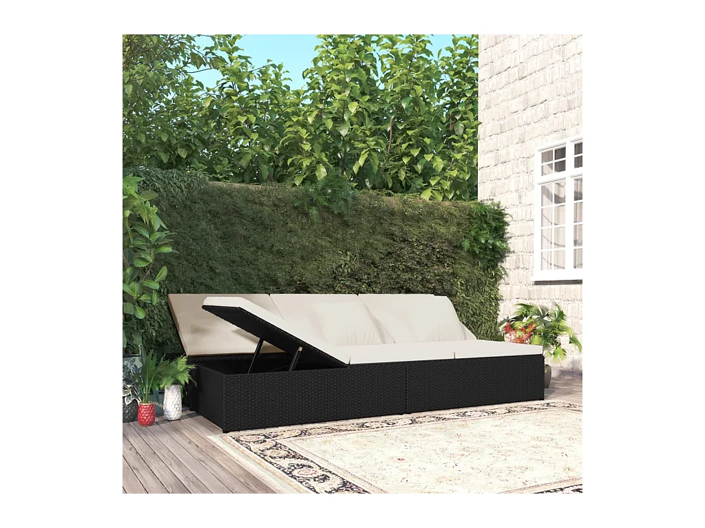 Tumbona convertible con cojines de ratán sintético negro