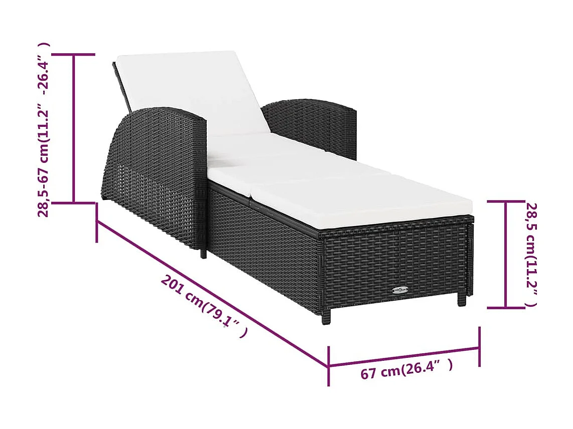 Chaise longue avec coussin blanc crème Résine tressée Noir