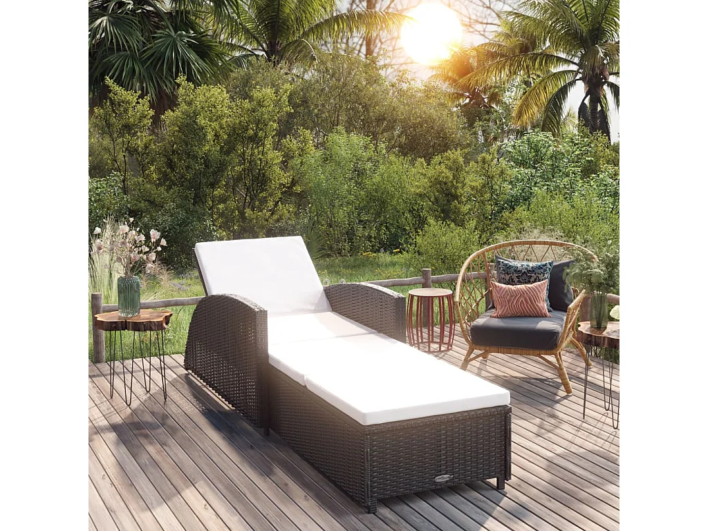 Sonnenliege mit Cremeweißer Auflage Poly Rattan Schwarz