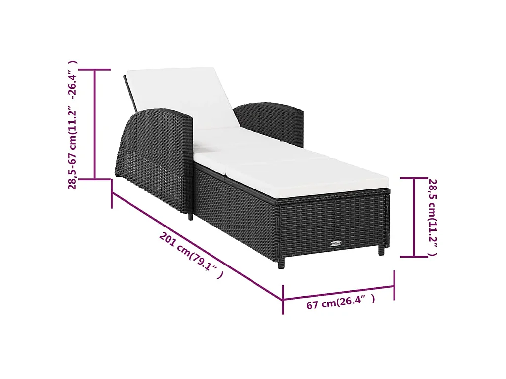 Sonnenliege mit Cremeweißer Auflage Poly Rattan Schwarz