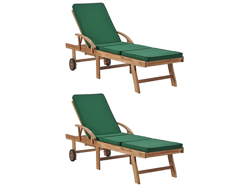 Chaises longues avec coussins 2 pcs Bois de teck solide Vert
