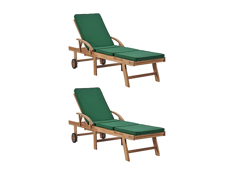 Chaises longues avec coussins 2 pcs Bois de teck solide Vert