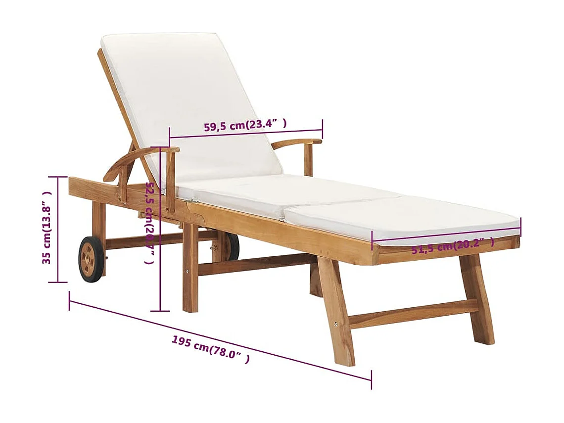 Lettino Prendisole con Cuscino in Massello di Teak Crema