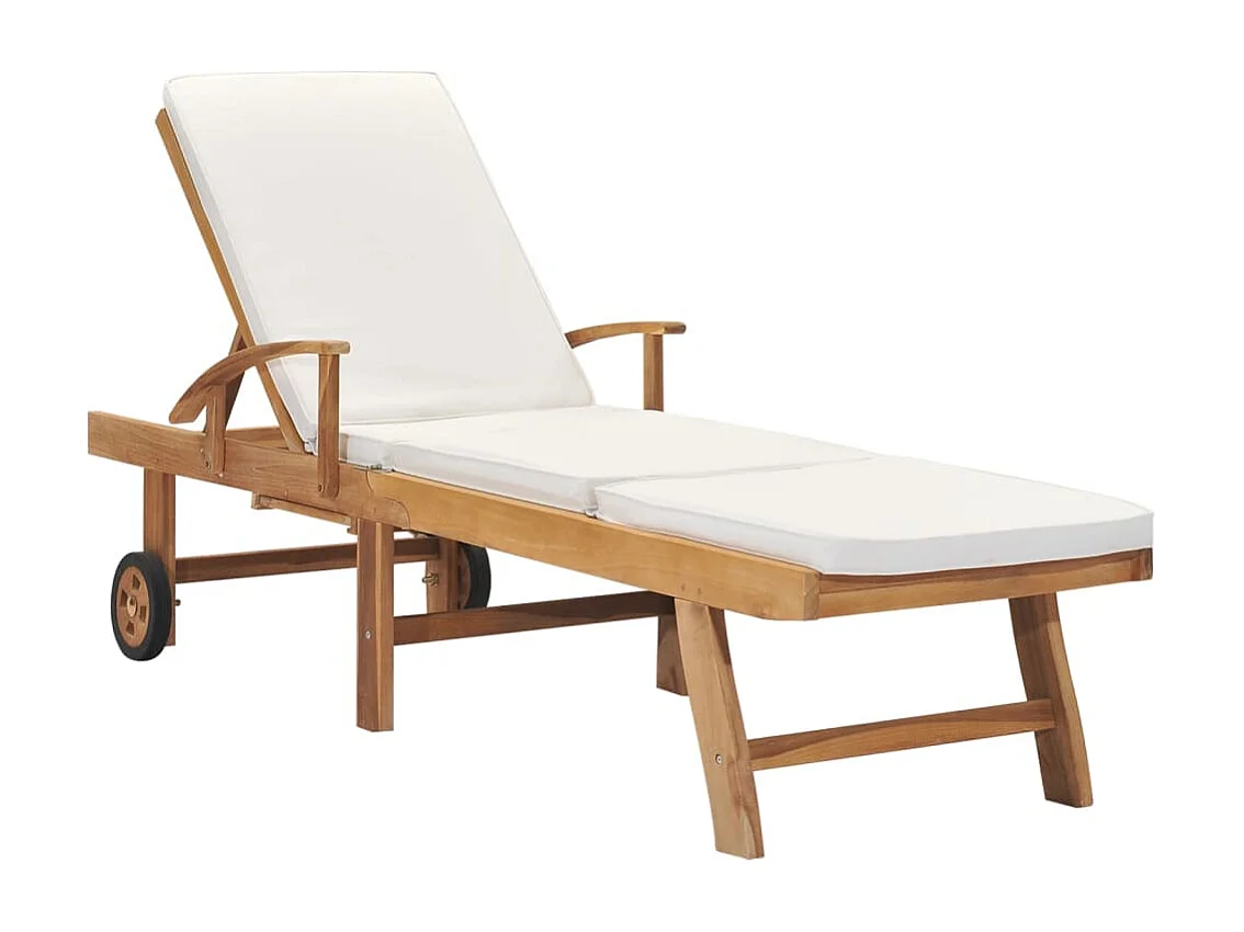 Chaise longue avec coussin Bois de teck solide Crème