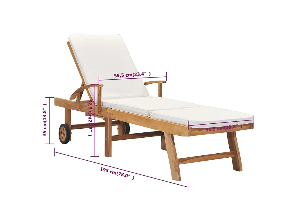 Chaise longue avec coussin Bois de teck solide Crème