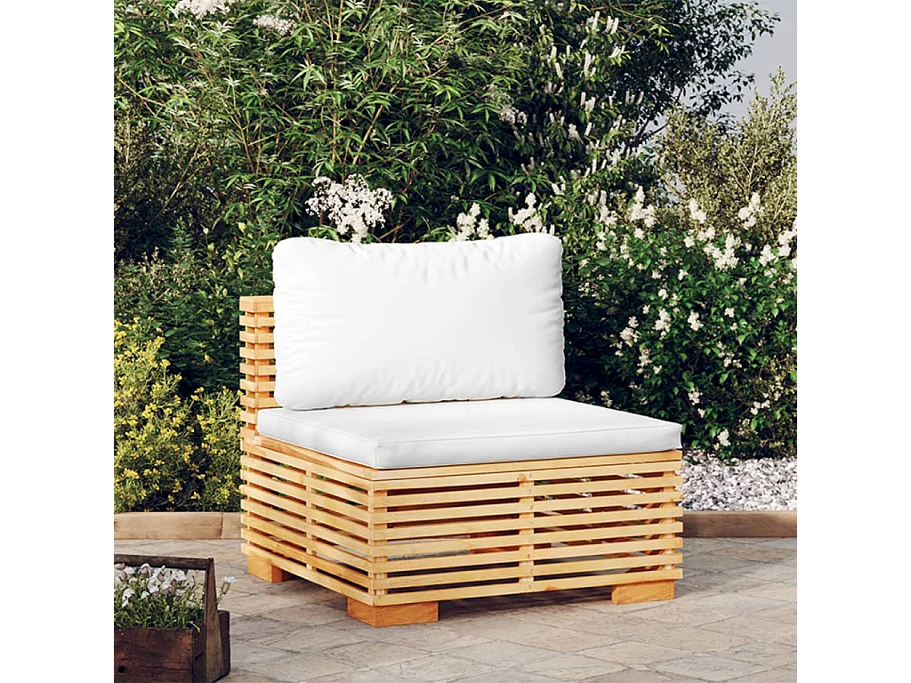 Canapé central de jardin et coussins crème Bois de teck massif