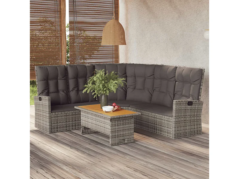 Canapé d'angle inclinable avec coussins gris résine tressée