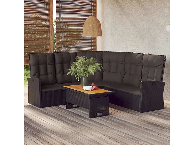 Ecksofa mit Liegefunktion und Kissen Schwarz Poly Rattan