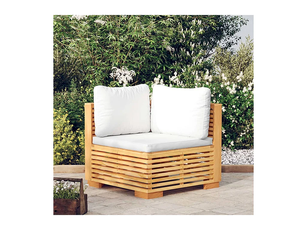 Canapé d'angle de jardin et coussins crème Bois de teck massif