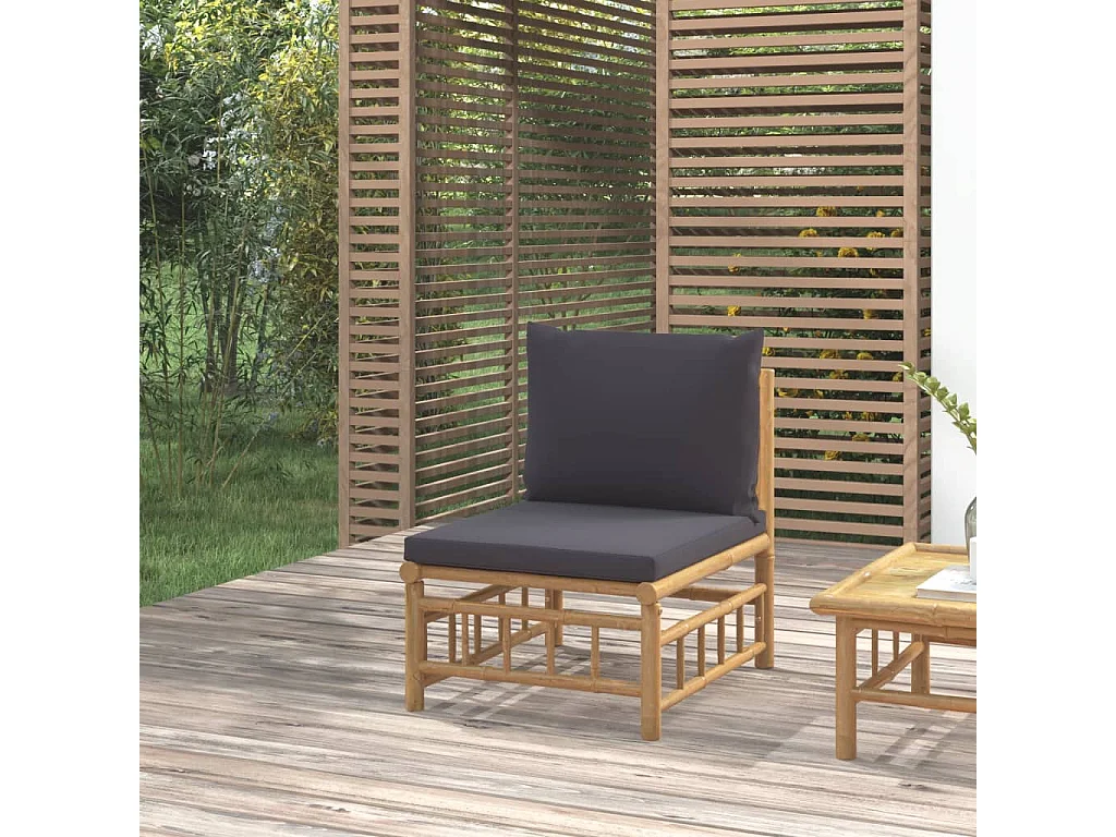 Canapé central de jardin avec coussins gris foncé bambou