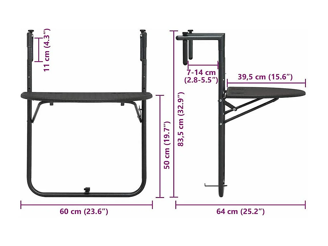 Balkon-Hängetisch Braun 60x64x83,5 cm Kunststoff Rattan-Optik