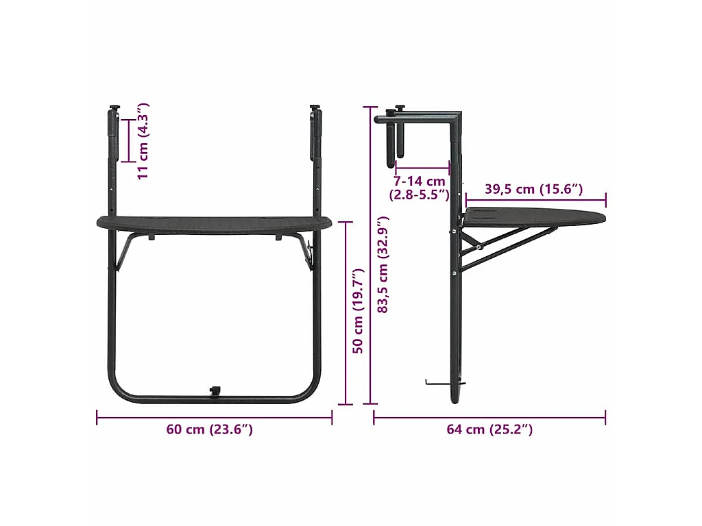 Tavolo da Balcone Pensile Marrone 60x64x83,5cm Plastica Rattan