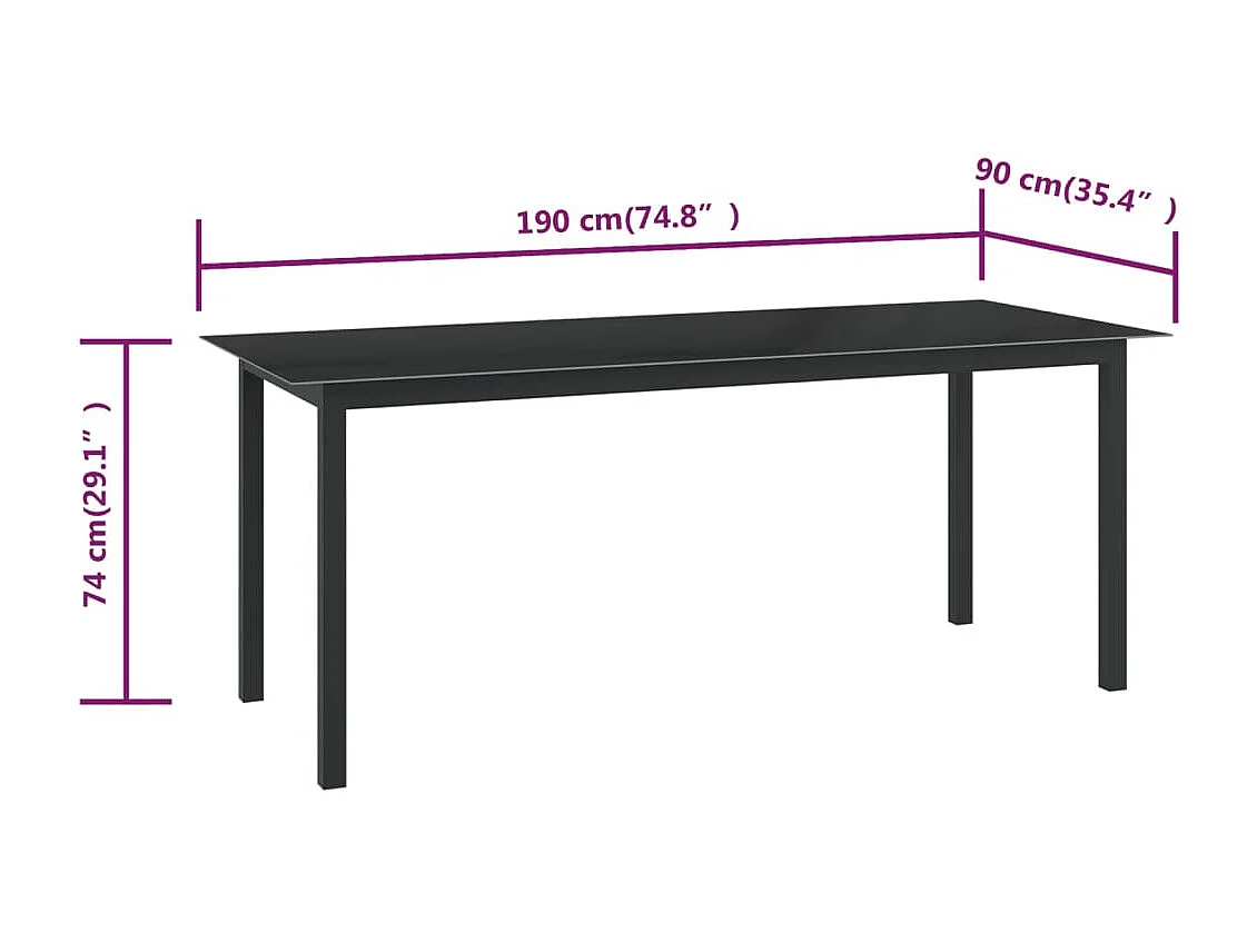 Table de jardin Noir 190x90x74 cm Aluminium et verre