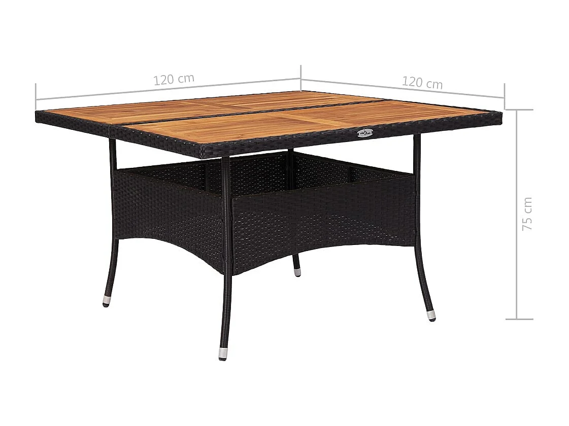 Mesa de jantar para exterior vime PE e madeira maciça preta