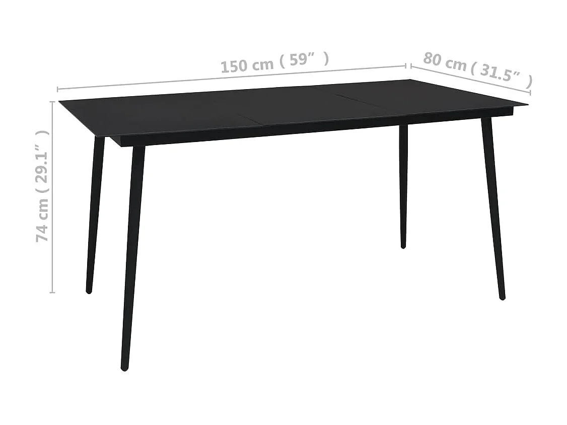 Table à dîner de jardin Noir 150x80x74 cm Acier et verre