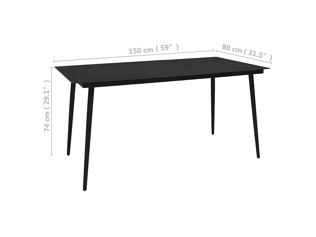 Table à dîner de jardin Noir 150x80x74 cm Acier et verre