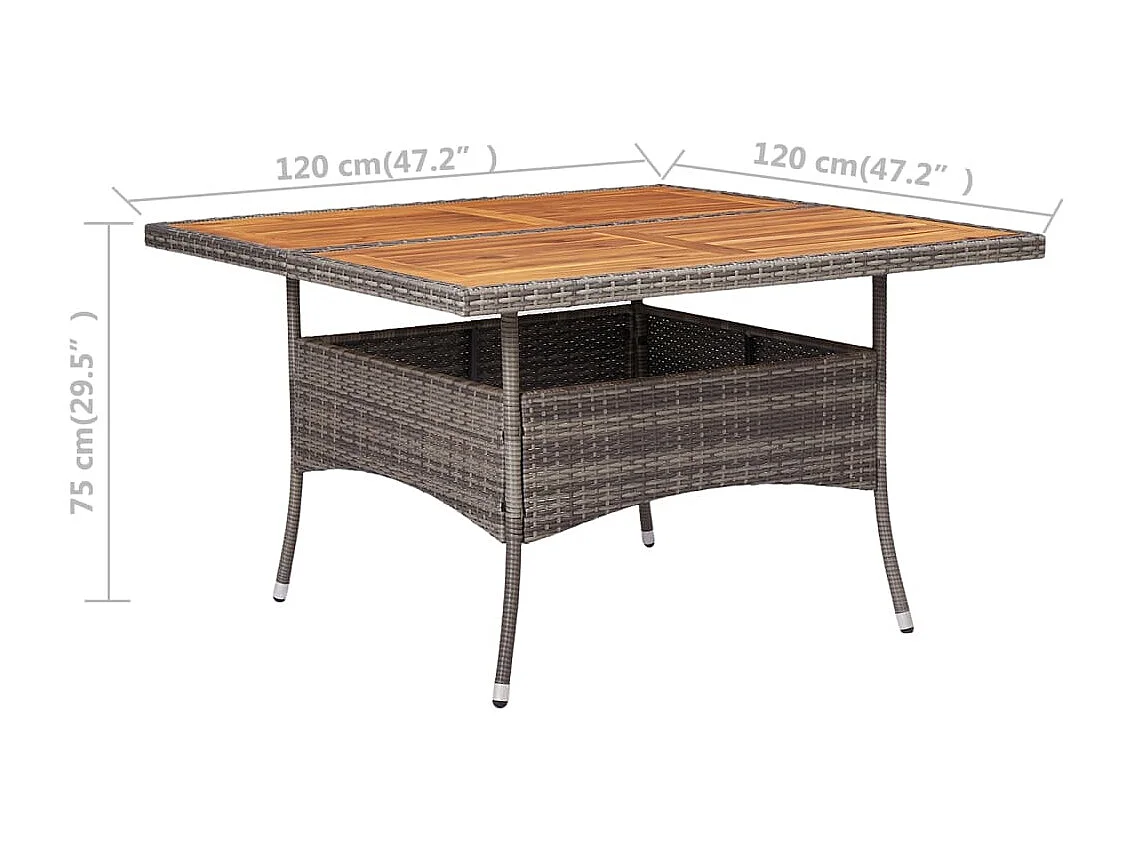 Mesa de jantar para exterior vime PE e madeira maciça cinzento