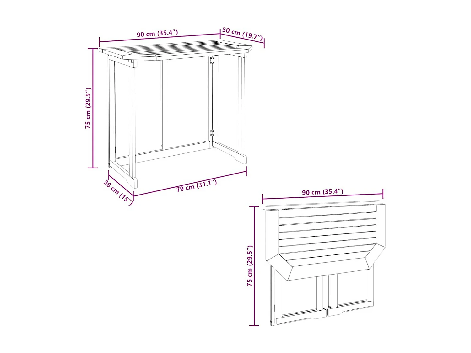 Balkontafel inklapbaar 90x50x74 cm massief acaciahout
