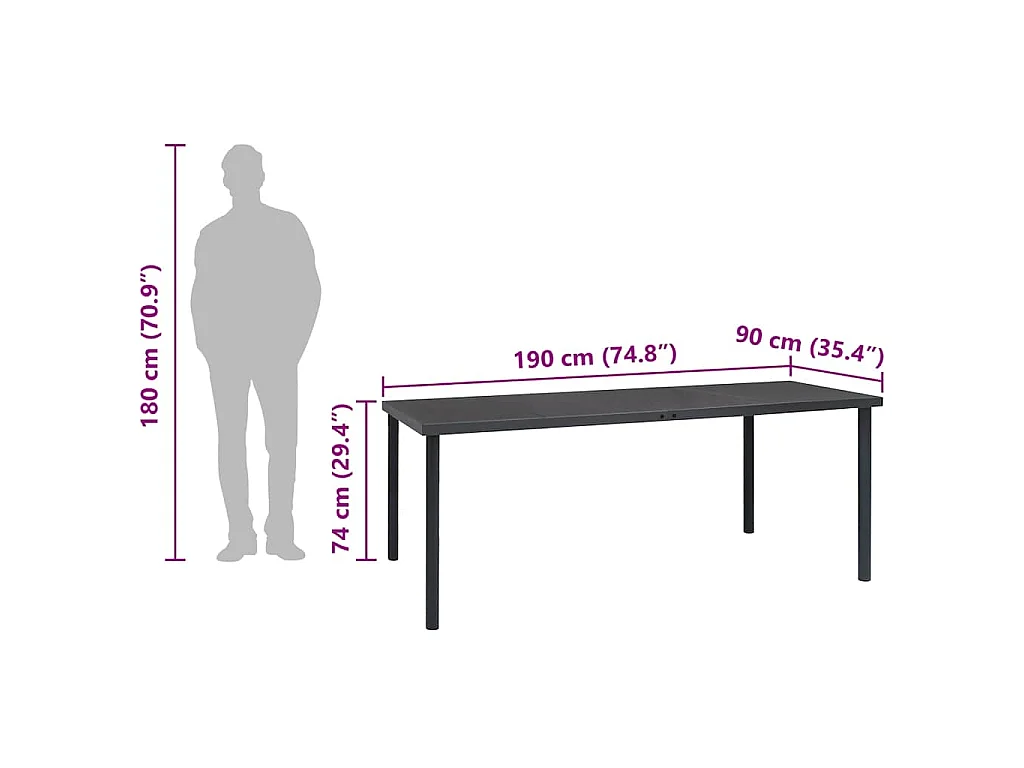 Tuintafel 190x90x74 cm staal antracietkleurig