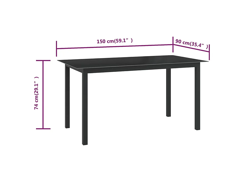 Table de jardin Noir 150x90x74 cm Aluminium et verre