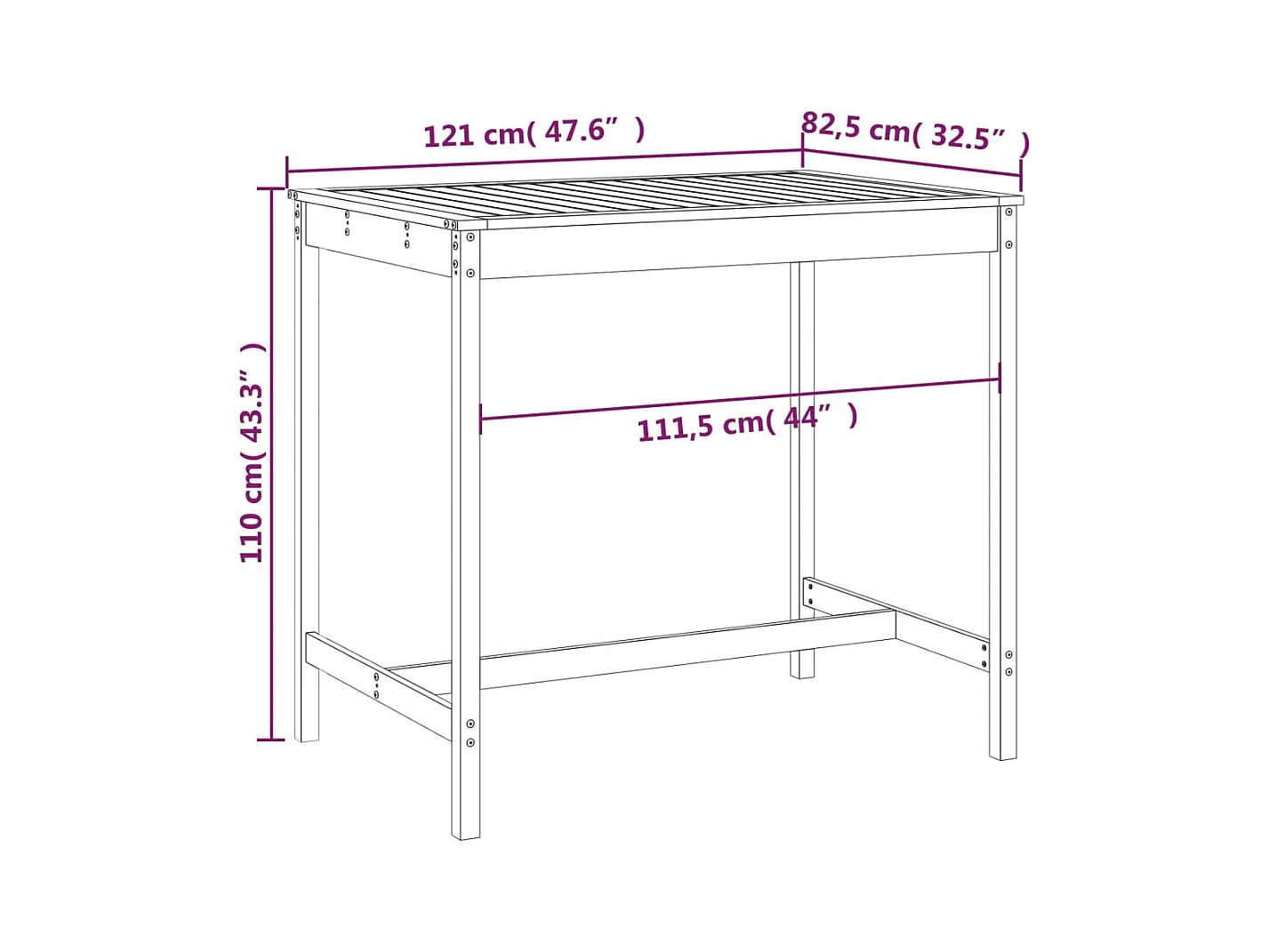 Table de jardin 121x82,5x110 cm bois massif de pin