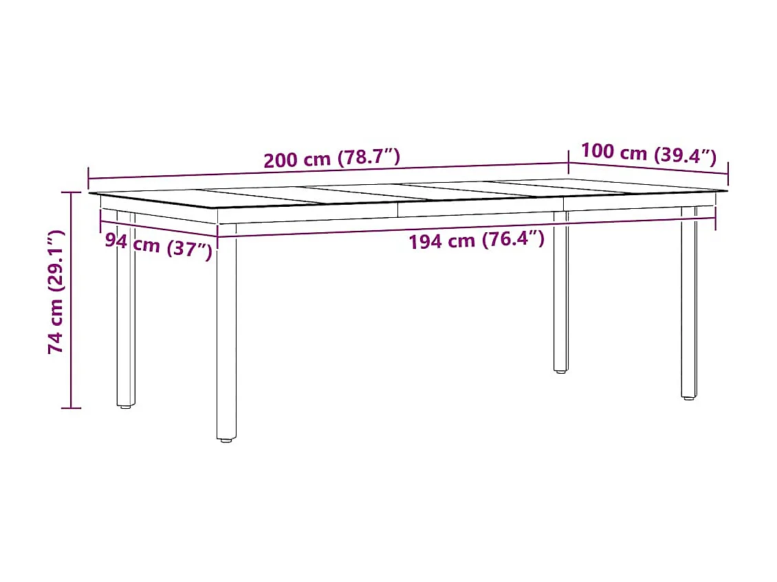 Table à dîner de jardin Noir 200x100x74 cm Acier et verre