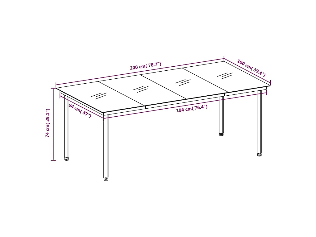 Mesa de jantar para jardim 200x100x74 cm aço e vidro preto