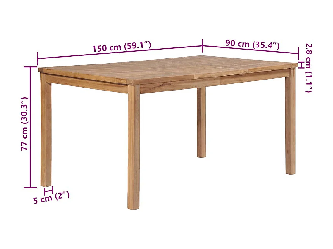 Mesa de jardín de madera maciza de teca 150x90x77 cm
