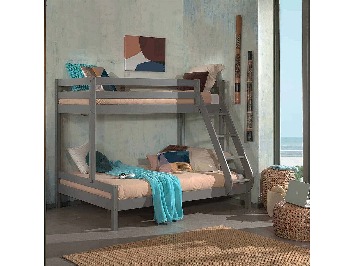 SLEEPY - Lit Superposé en Pin Laqué Gris Couchages 140x200cm et 90x200cm