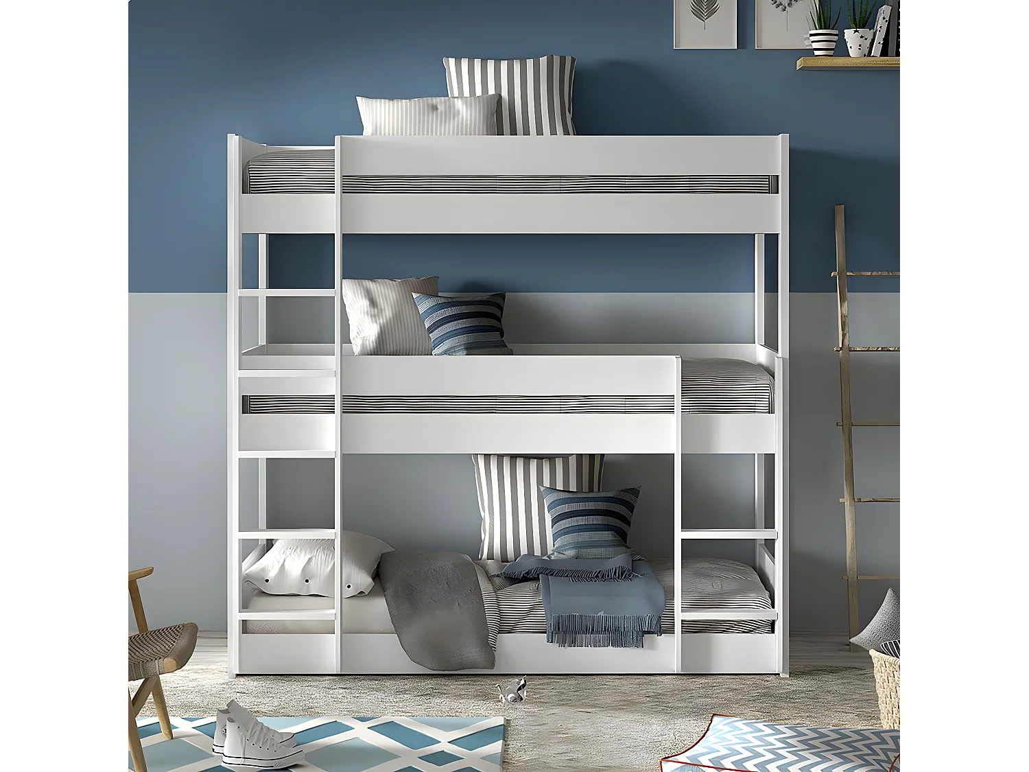 VIVIEN - Lit Superposé en Pin Laqué Blanc 3 couchages 90x200cm