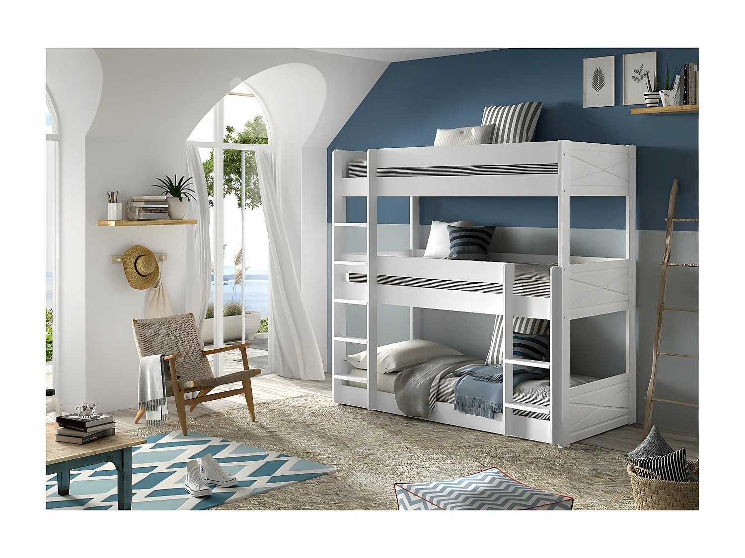 VIVIEN - Lit Superposé en Pin Laqué Blanc 3 couchages 90x200cm