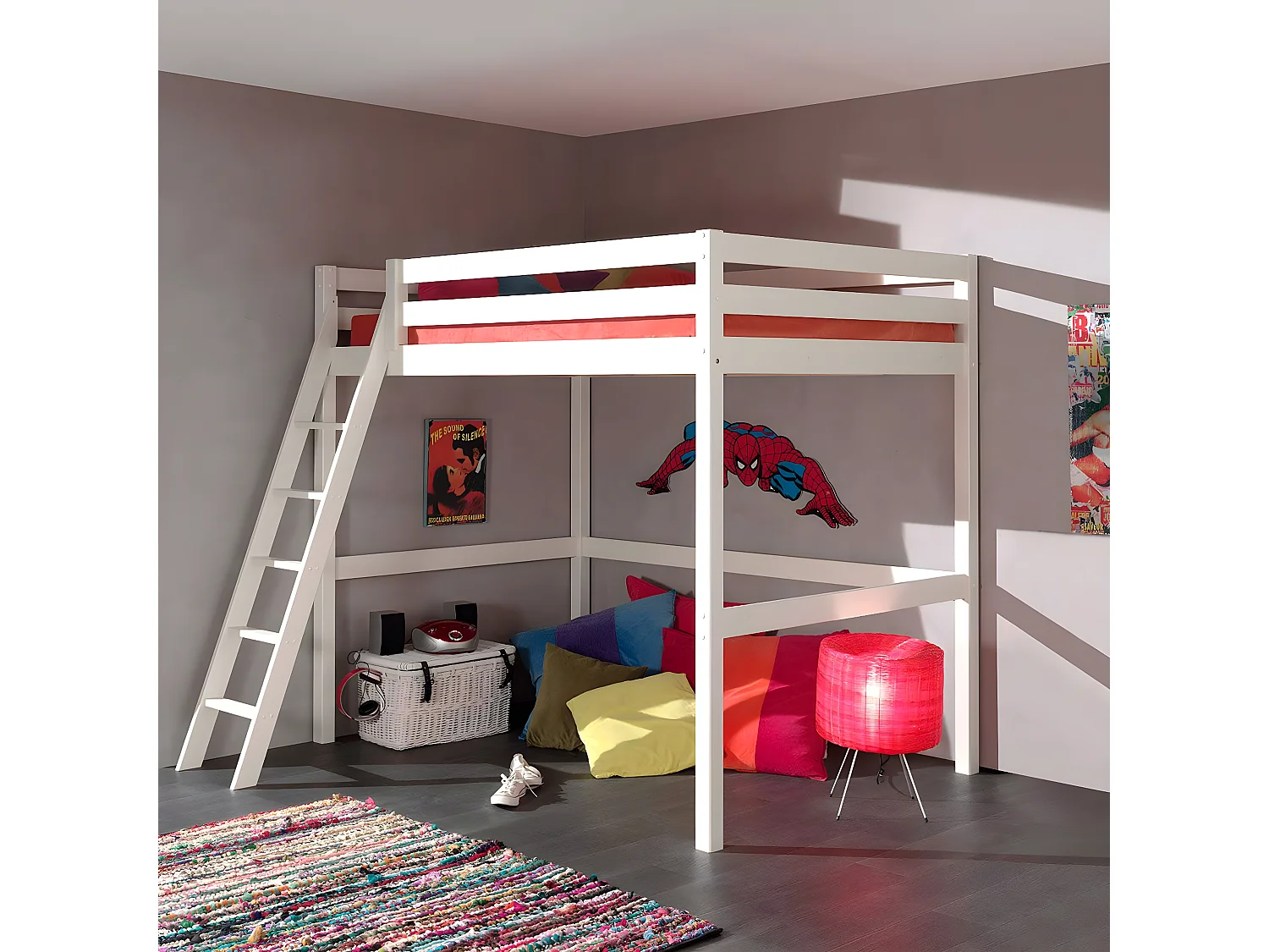 SLEEPY - Lit Mezzanine en Pin Laqué Blanc 140x200cm Échelle Inclinée