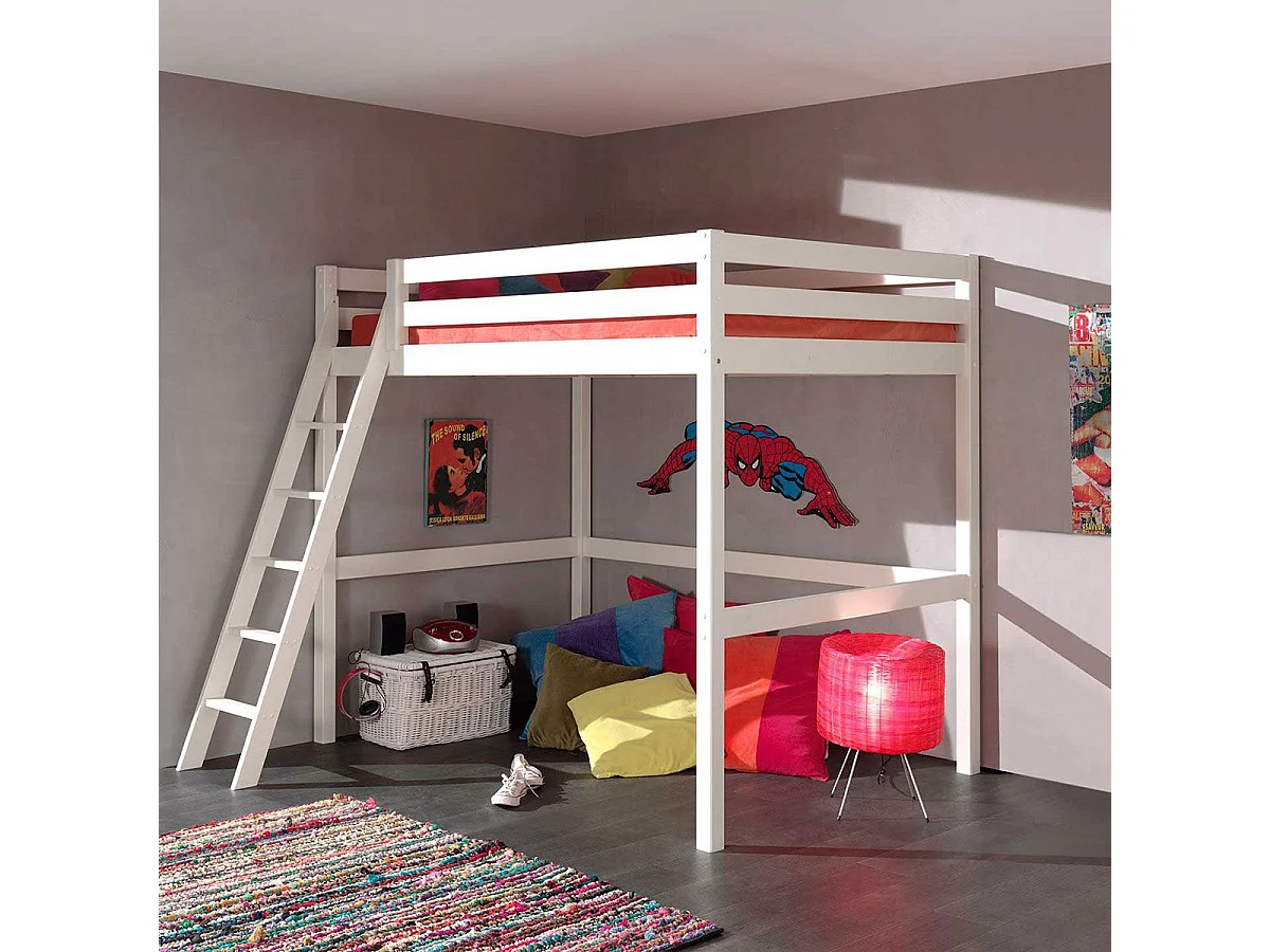 SLEEPY - Lit Mezzanine en Pin Laqué Blanc 140x200cm Échelle Inclinée