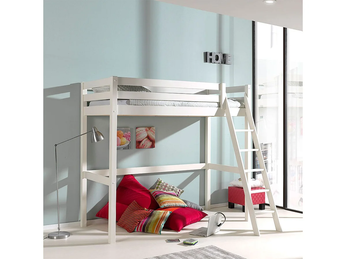 SLEEPY - Lit Mezzanine en Pin Laqué Blanc 90x200cm Échelle Inclinée