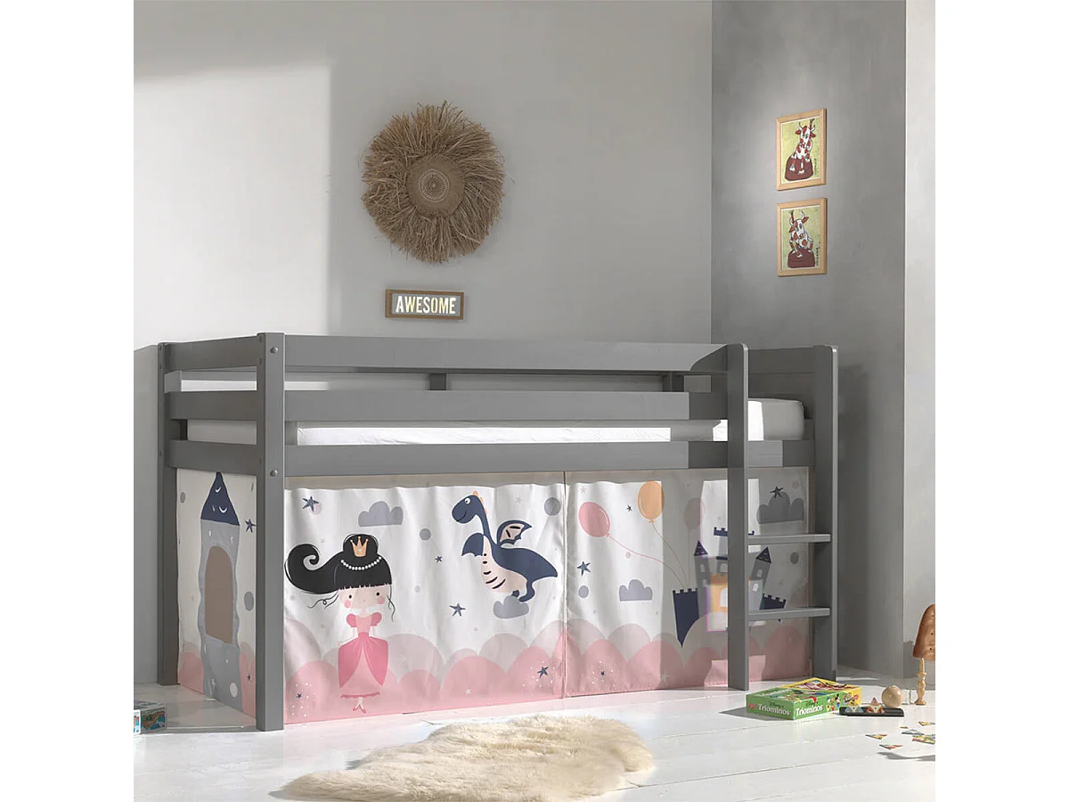 SLEEPY - Lit Mi-Haut en Pin Laqué Gris 90x200cm Housse Princesse