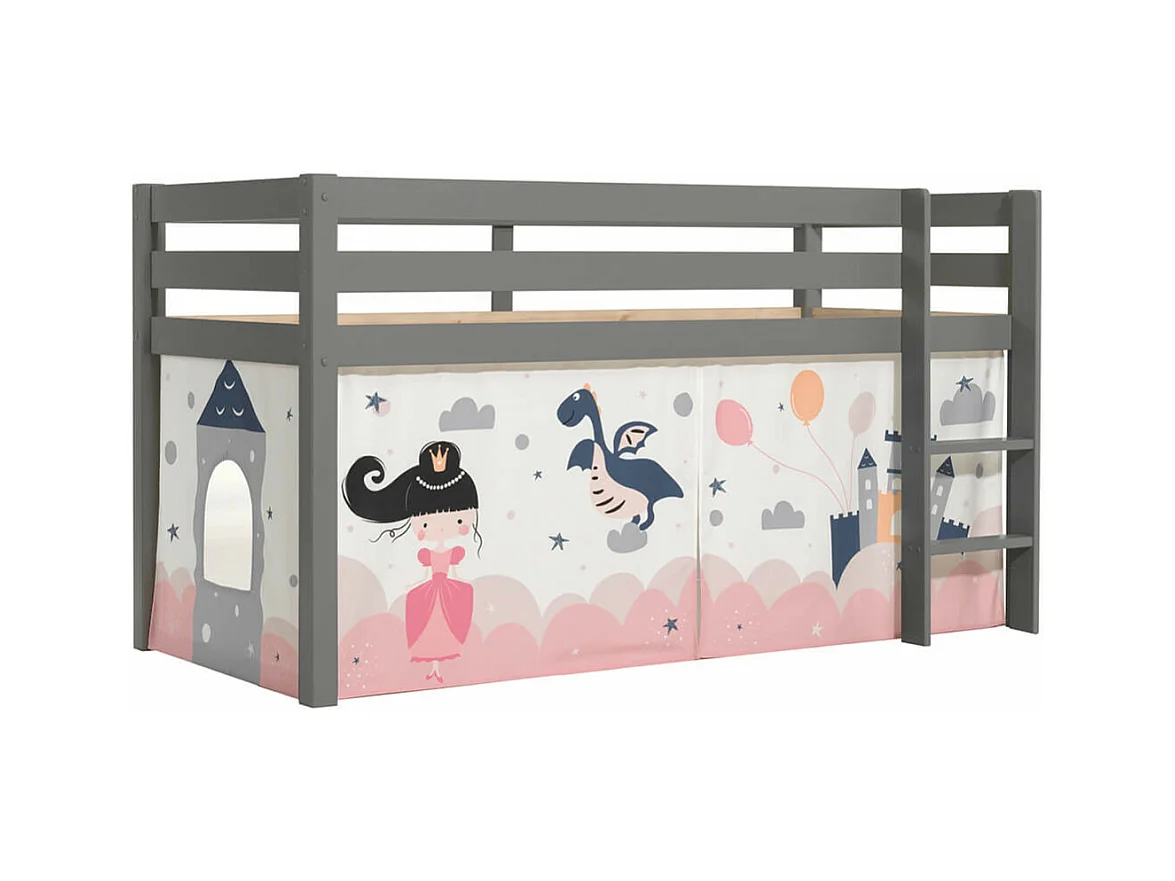 SLEEPY - Lit Mi-Haut en Pin Laqué Gris 90x200cm Housse Princesse