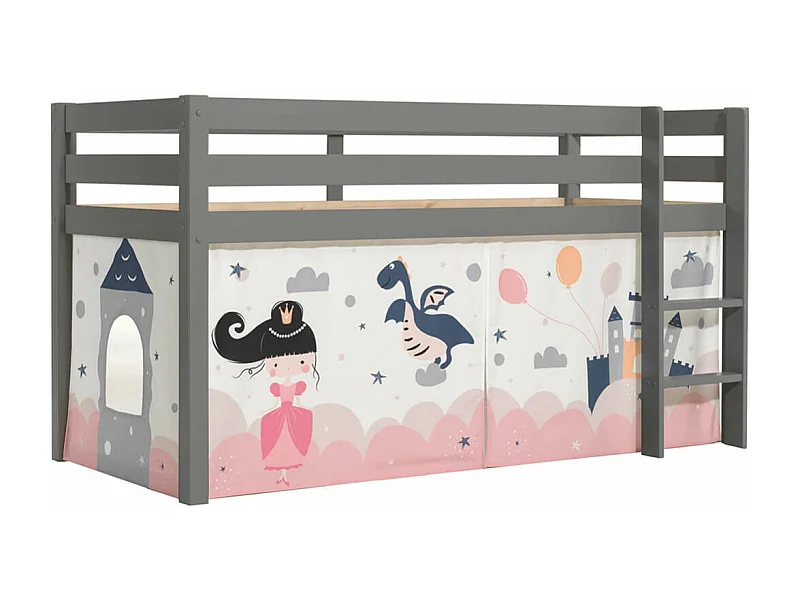 SLEEPY - Lit Mi-Haut en Pin Laqué Gris 90x200cm Housse Princesse