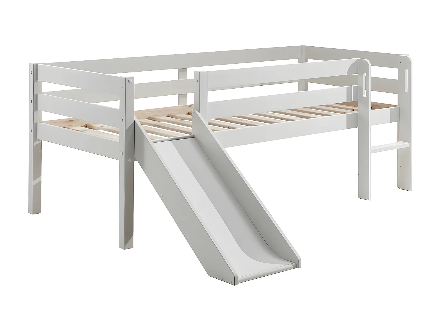 SLEEPY - Lit Surélevé en Pin Laqué Blanc 90x200cm avec Tobogan et 2 Tiroirs