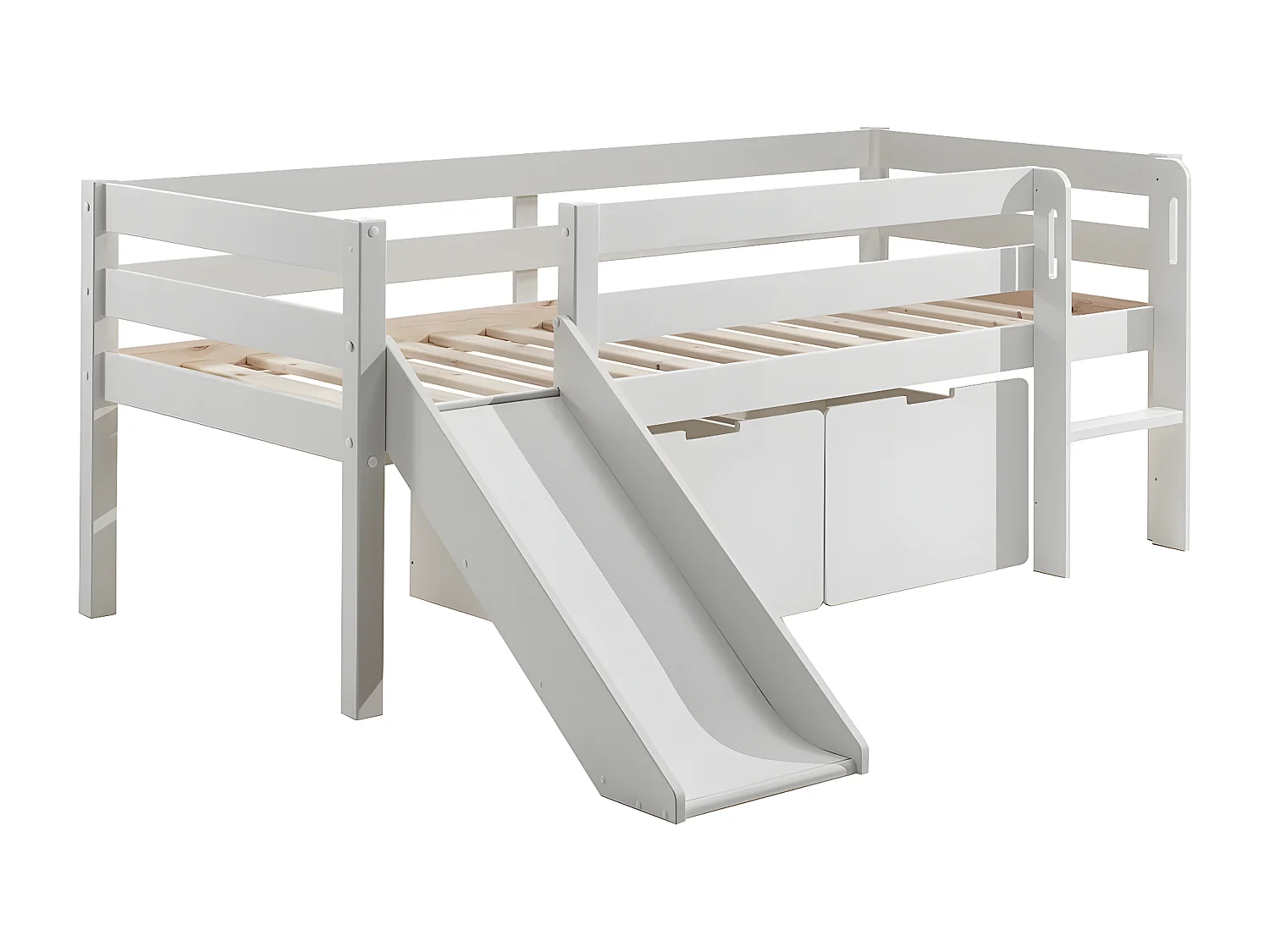 SLEEPY - Lit Surélevé en Pin Laqué Blanc 90x200cm avec Tobogan et 2 Tiroirs