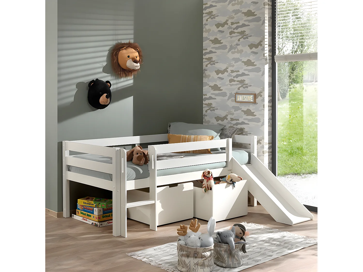 SLEEPY - Lit Surélevé en Pin Laqué Blanc 90x200cm avec Tobogan et 2 Tiroirs