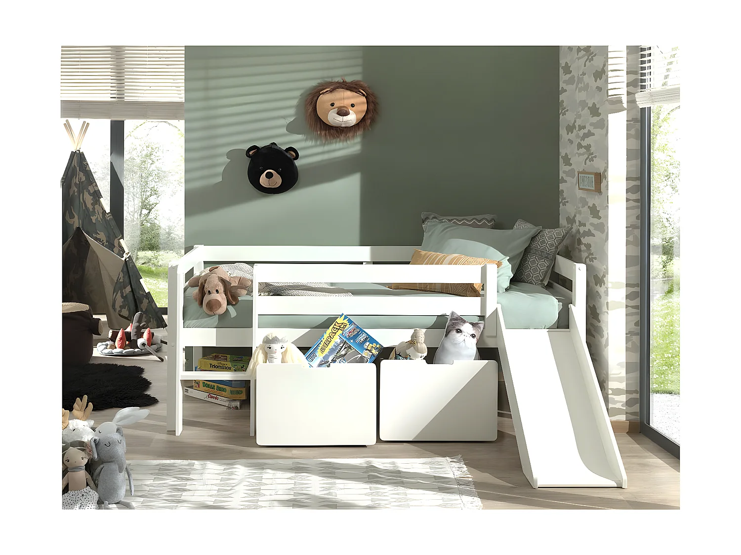 SLEEPY - Lit Surélevé en Pin Laqué Blanc 90x200cm avec Tobogan et 2 Tiroirs