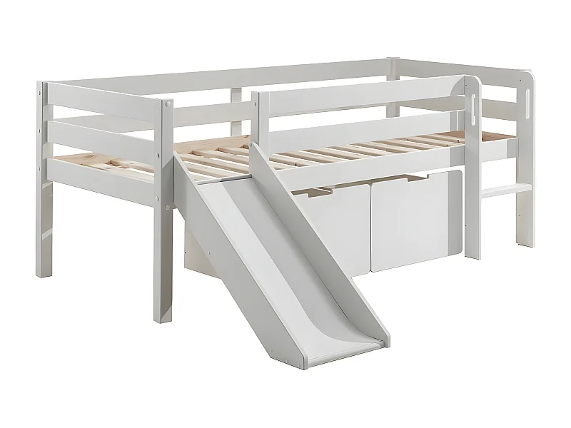 SLEEPY - Lit Surélevé en Pin Laqué Blanc 90x200cm avec Tobogan et 2 Tiroirs