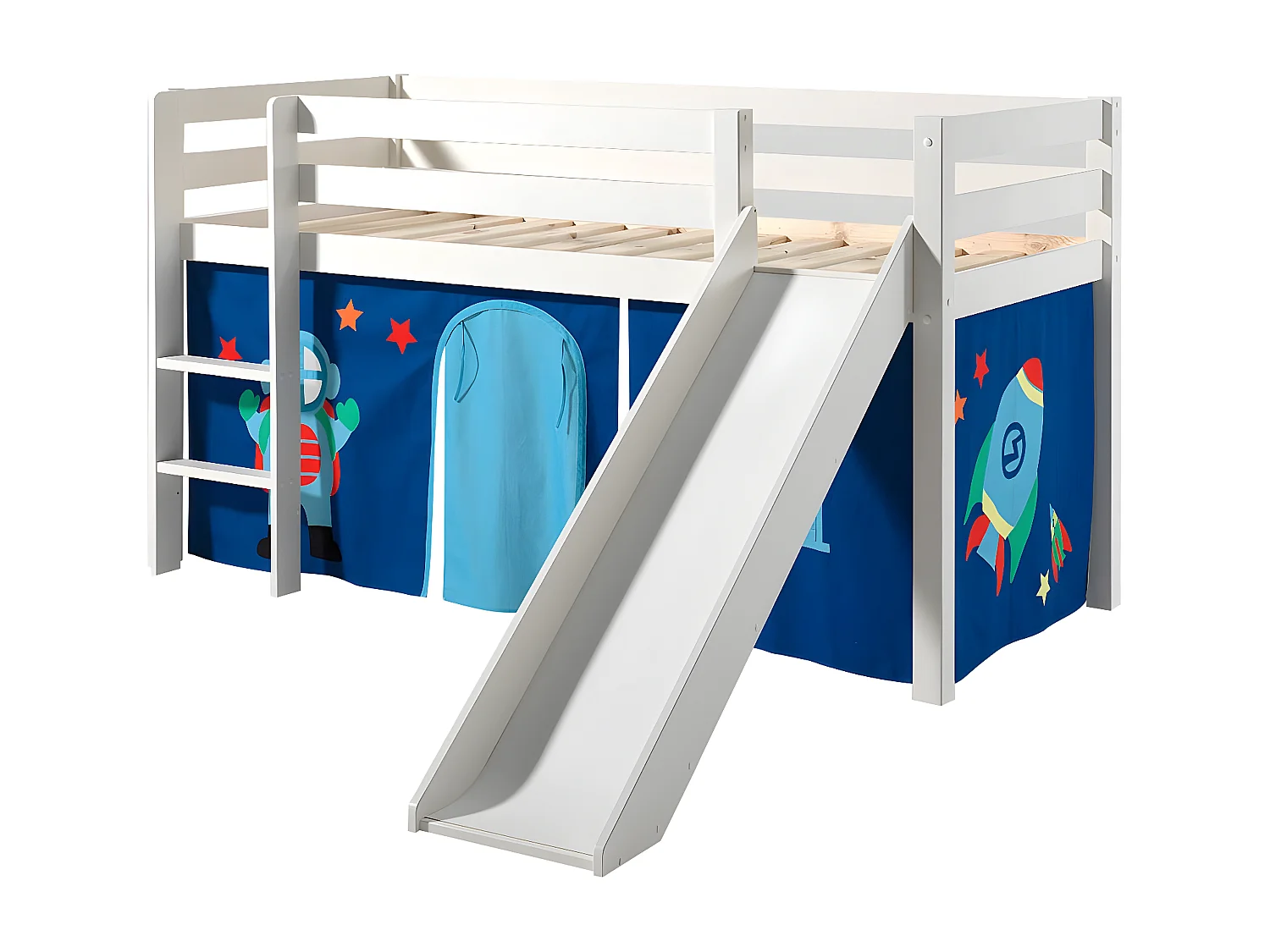 SLEEPY - Lit Mi-Haut Tobogan en Pin Laqué Blanc 90x200cm avec Housse Astro