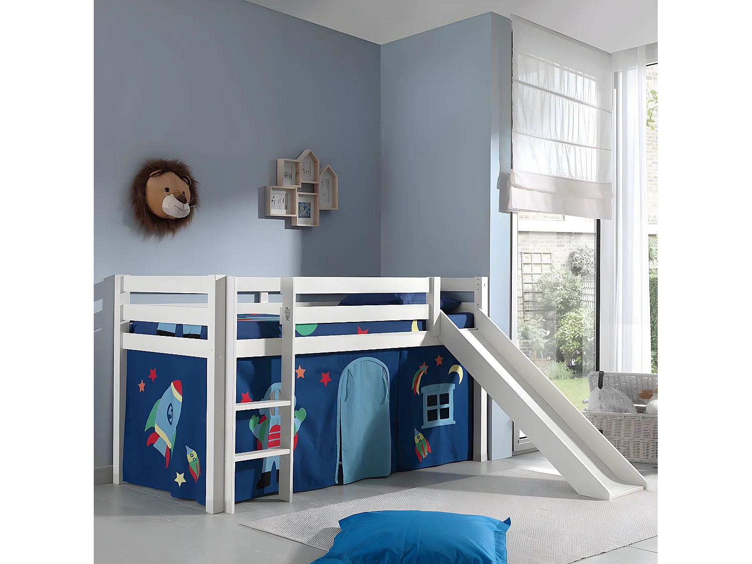 SLEEPY - Lit Mi-Haut Tobogan en Pin Laqué Blanc 90x200cm avec Housse Astro