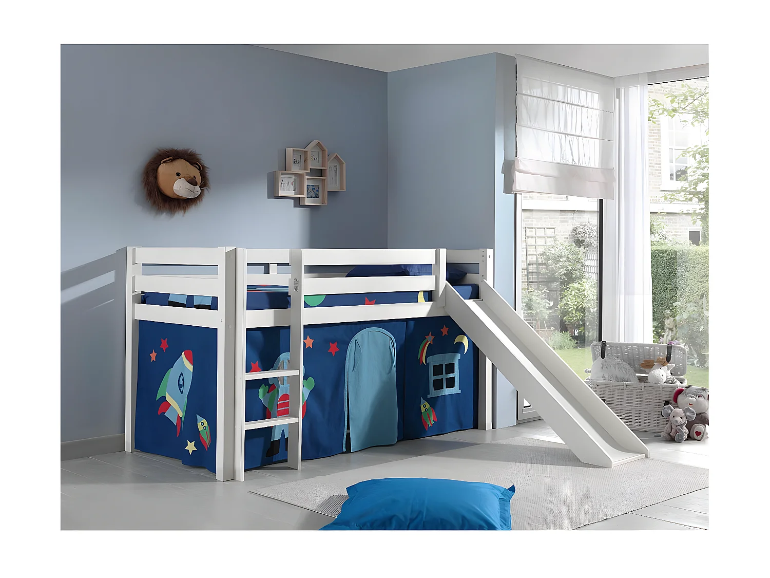 SLEEPY - Lit Mi-Haut Tobogan en Pin Laqué Blanc 90x200cm avec Housse Astro