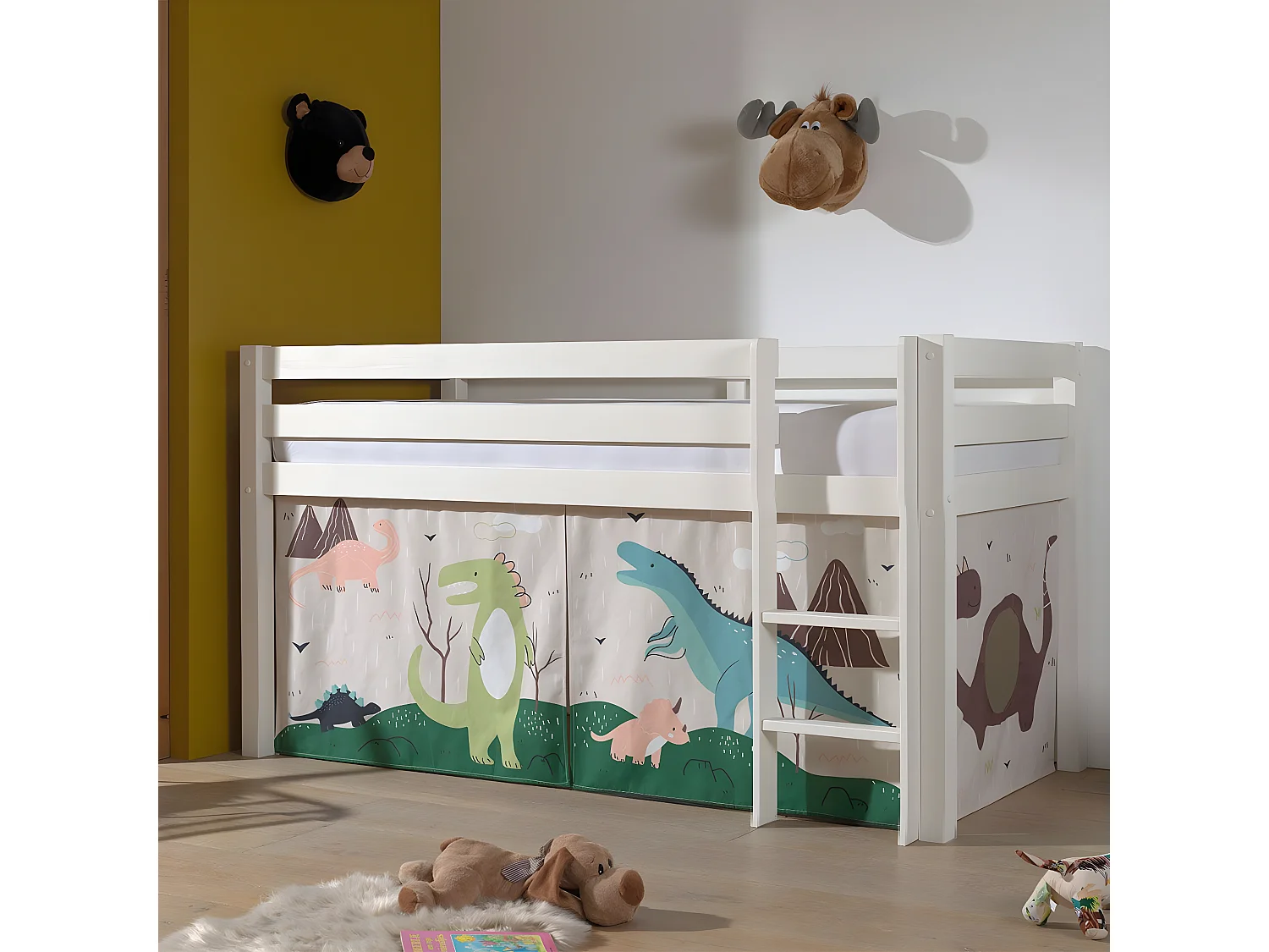 SLEEPY - Lit Mi-Haut en Pin Laqué Blanc 90x200cm Housse Dino