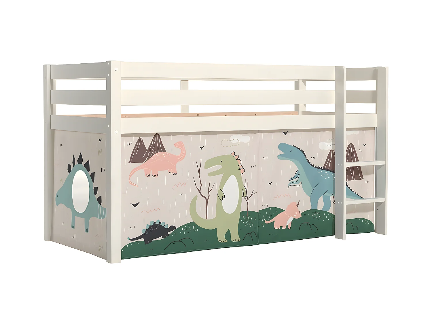SLEEPY - Lit Mi-Haut en Pin Laqué Blanc 90x200cm Housse Dino