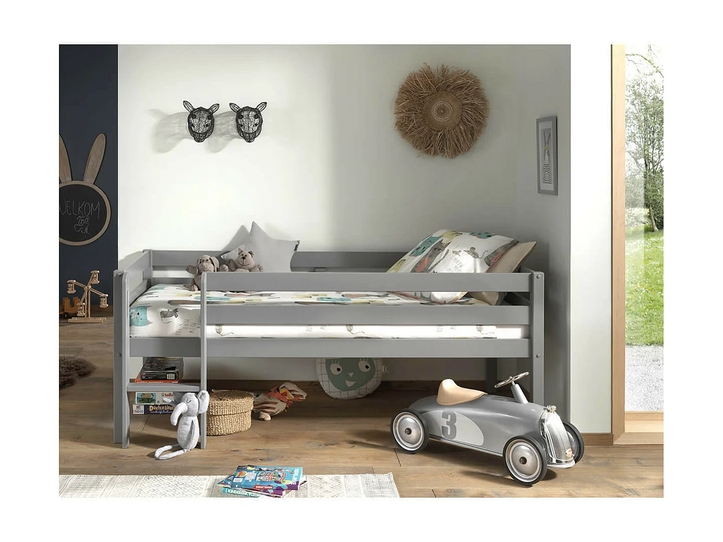 SLEEPY - Lit Surélevé en Pin Laqué Gris 90x200cm