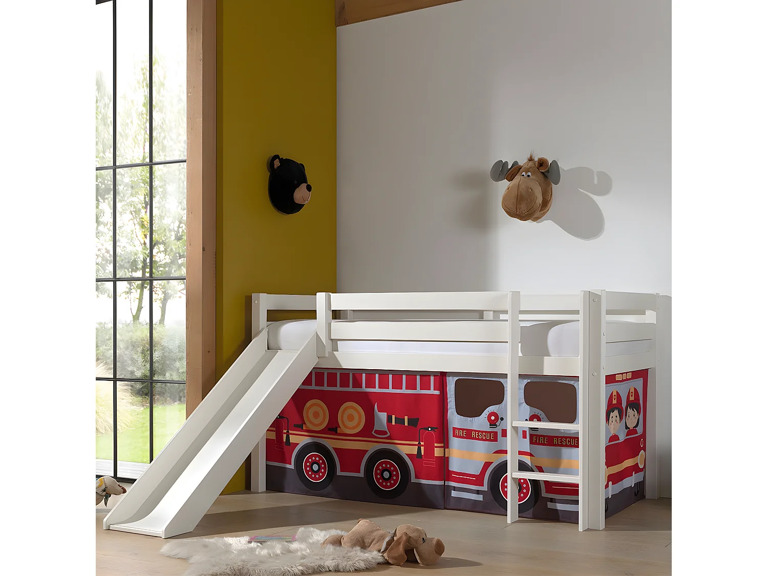 SLEEPY - Lit Mi-Haut Tobogan en Pin Laqué Blanc 90x200cm avec Housse Pompiers